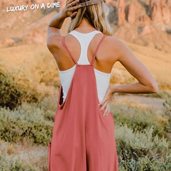 Oversized Hippie V-Neck Sleeveless Wide Leg Pant Pocket Jumpsuit Minimalist - Picture 5 of 7